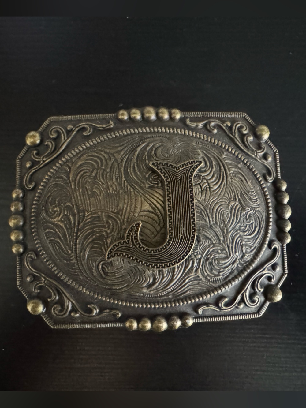 Monogram 'J' Ornate Metal Belt Buckle in Aged Bronze